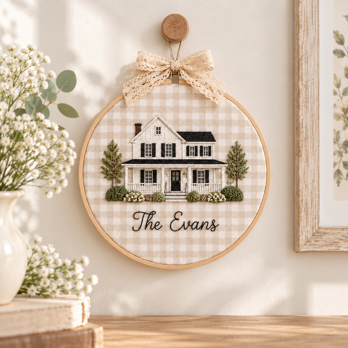 Personalized Family Home Embroidery Hoop, Custom House Portrait Wall Art, Cottage Floral Decor, Housewarming Gift with Pink Bow