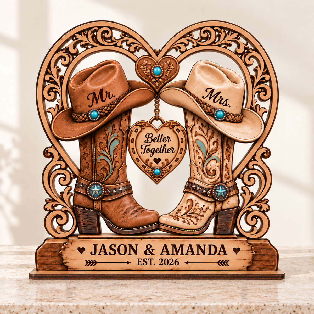 Personalized Western Cowboy Boots Wooden Plaque, Custom Mr & Mrs Wedding Keepsake, Engagement & Anniversary Gift for Couples