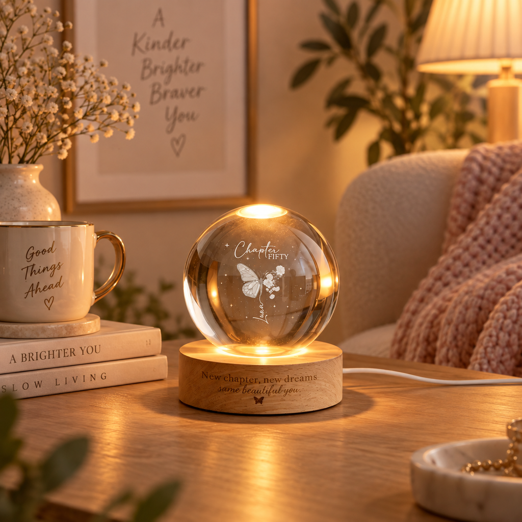 Personalized Chapter Birthday Crystal Ball Lamp,Custom Birth Flower Night Light,30th Birthday Keepsake,Chapter 50 Gift for Women/Mom