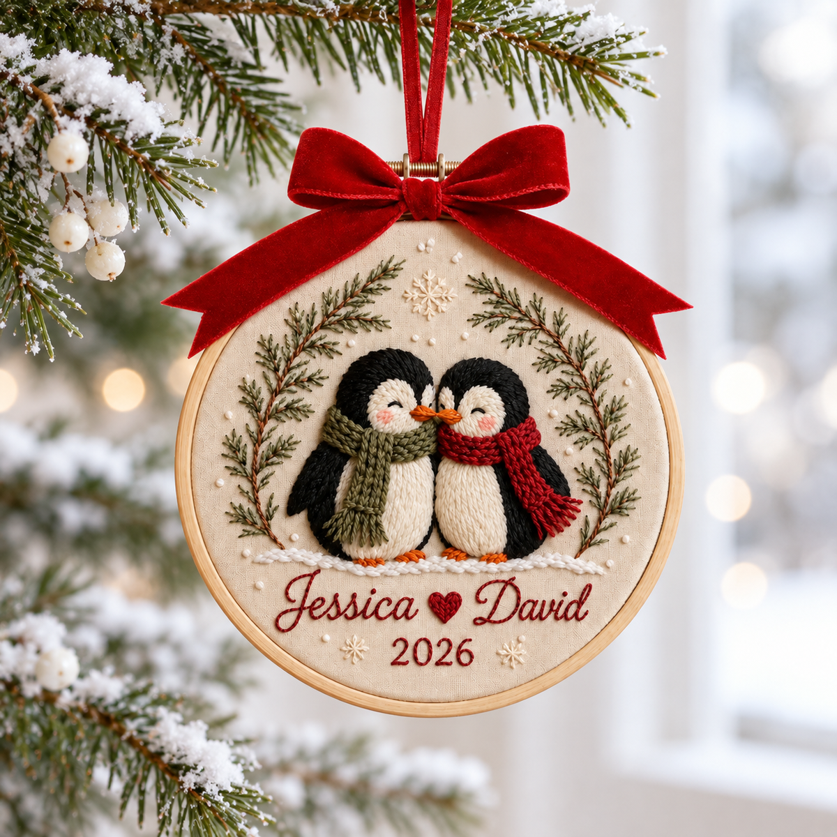 Personalized Couple Christmas Embroidered Ornament, Custom Names Penguin Hoop Decor, Romantic Keepsake 2026, Gift for Couple