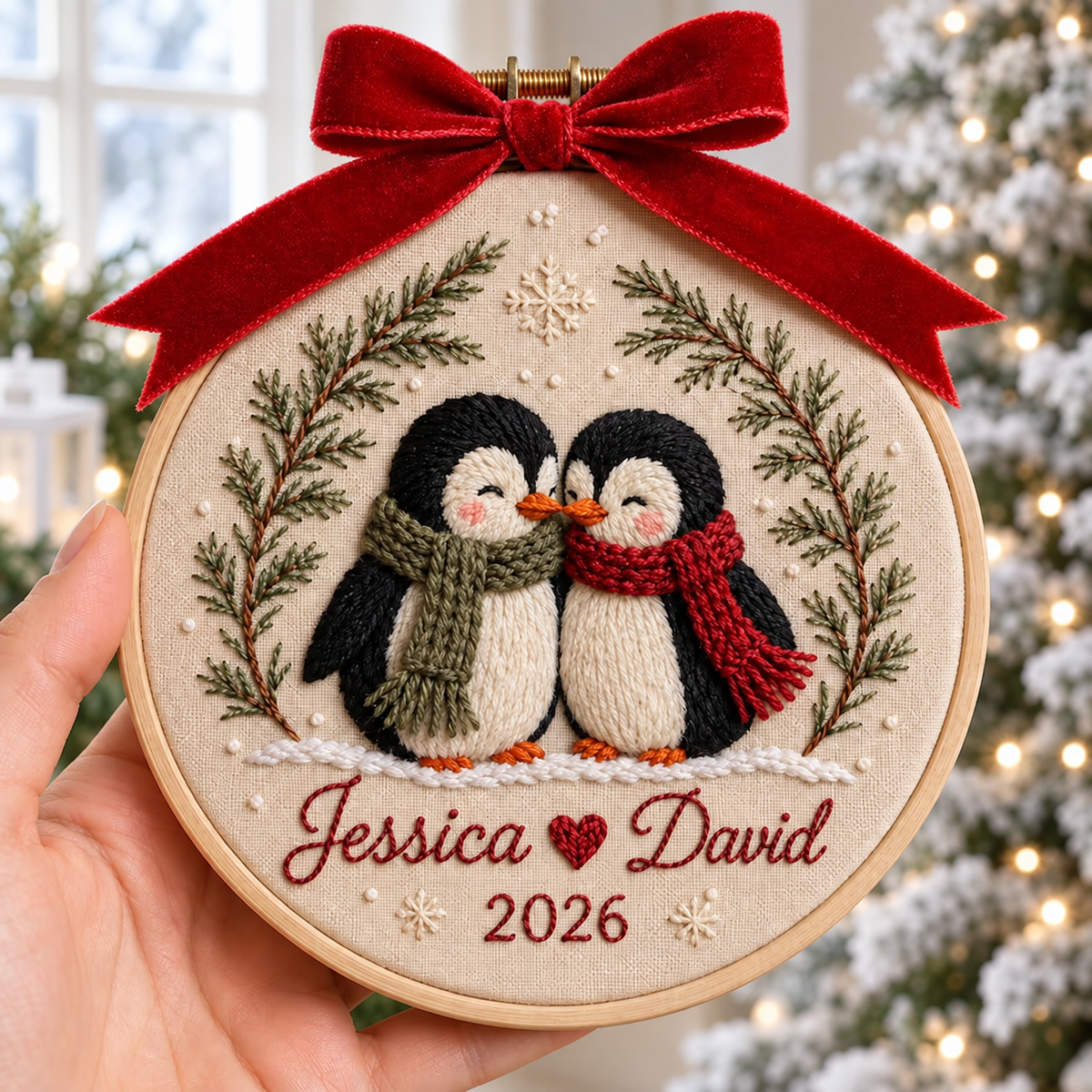 Personalized Couple Christmas Embroidered Ornament, Custom Names Penguin Hoop Decor, Romantic Keepsake 2026, Gift for Couple