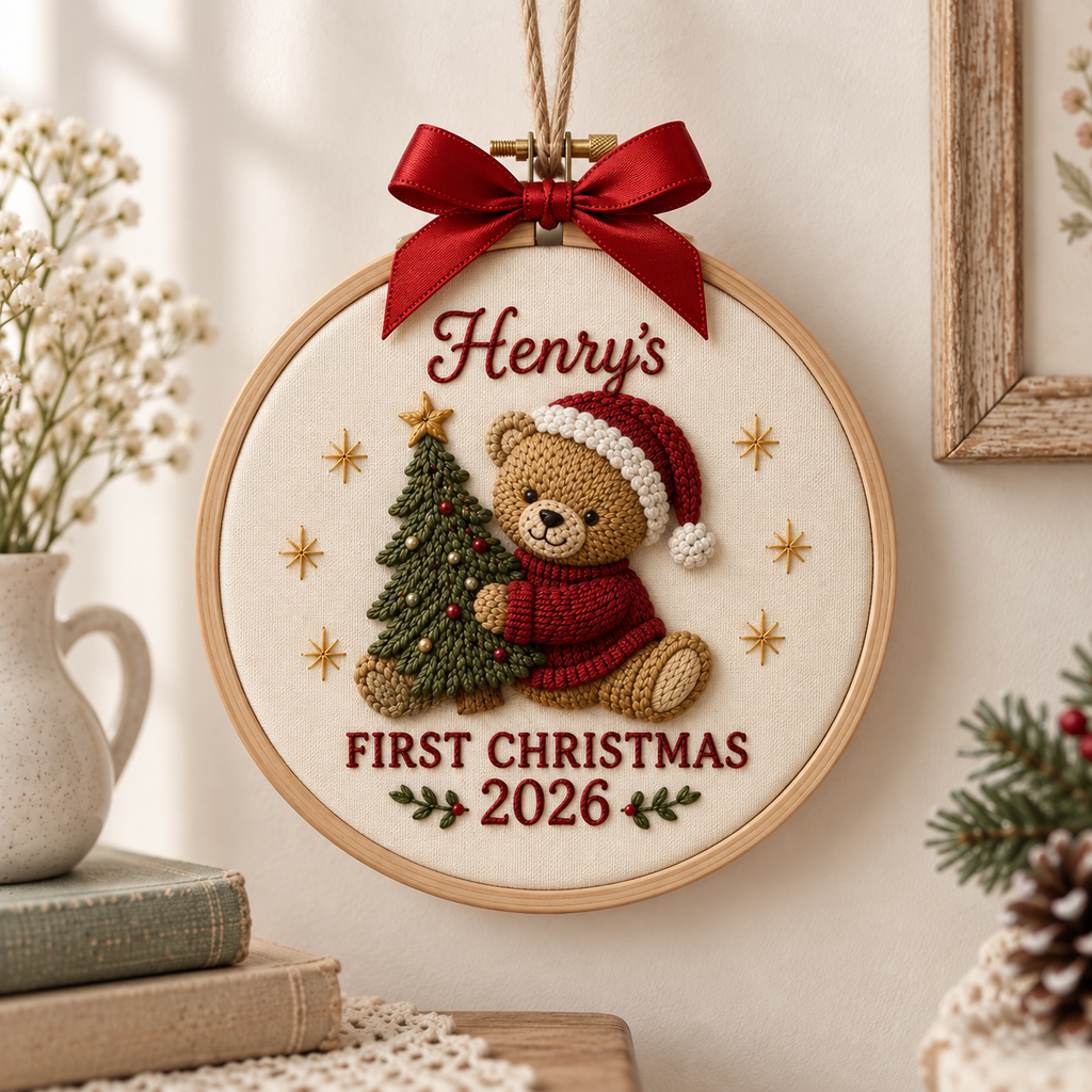 Personalized Baby’s First Christmas Ornament, Custom Name & Year Woodland Embroidery Keepsake, Baby’s 1st Xmas Gift