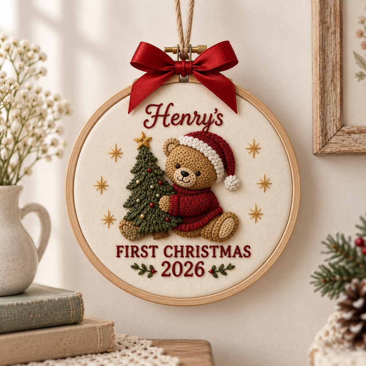 Personalized Baby’s First Christmas Ornament, Custom Name & Year Woodland Embroidery Keepsake, Baby’s 1st Xmas Gift