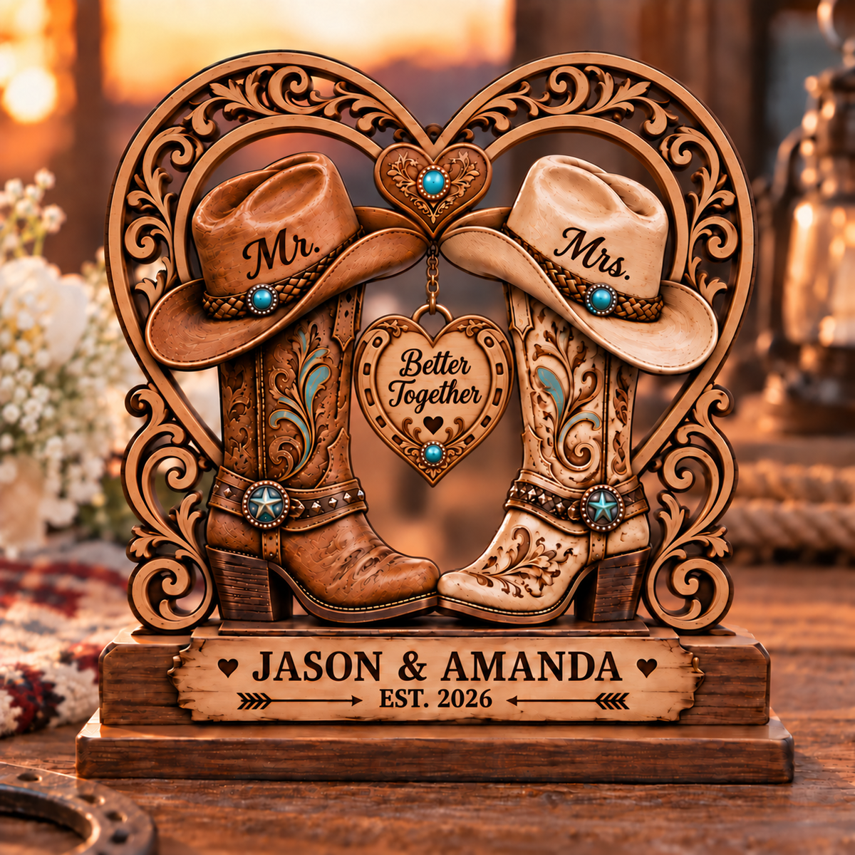 Personalized Western Cowboy Boots Wooden Plaque, Custom Mr & Mrs Wedding Keepsake, Engagement & Anniversary Gift for Couples