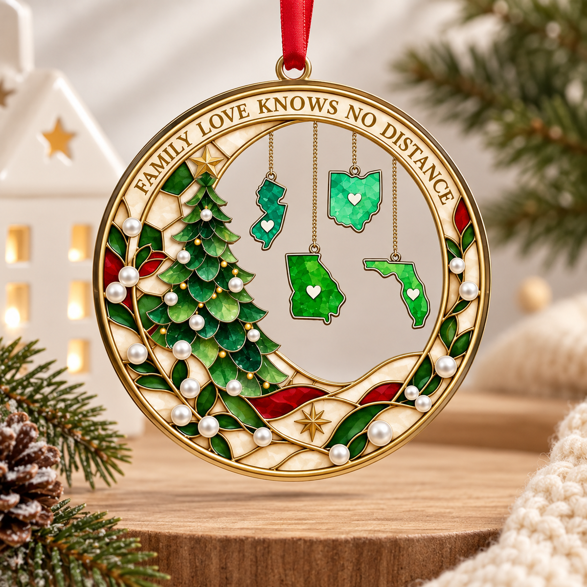 Personalized Family Love Knows No Distance Christmas Ornament, Custom State Hanging Keepsake