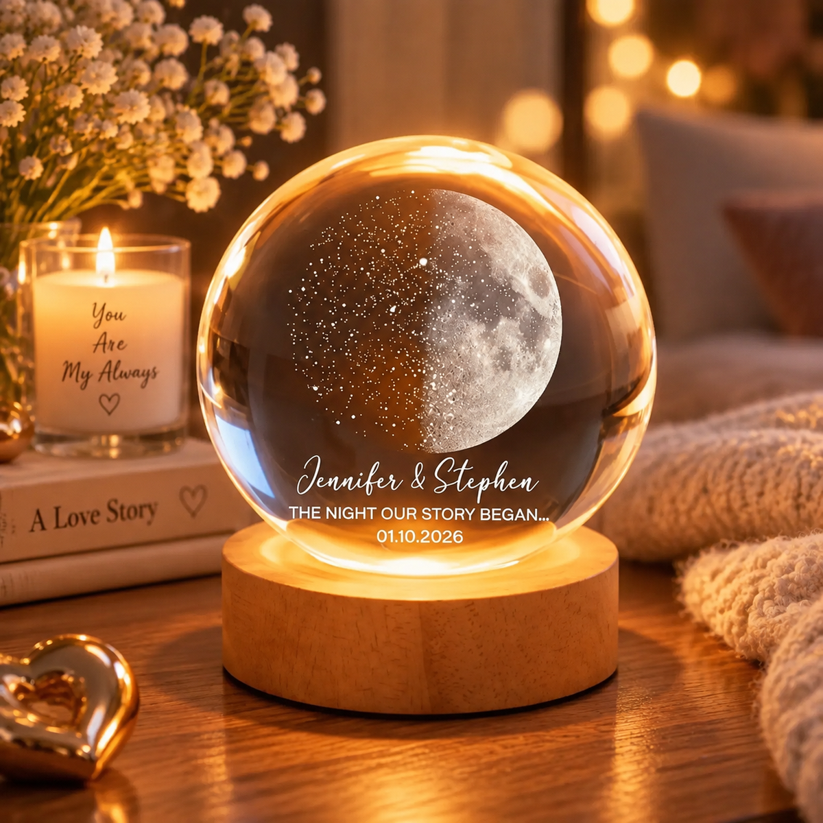 Custom Moon Phase & Star Map by Date Lamp, Personalized Crystal Ball Night Light, Constellation Map, Wedding Anniversary Gift For Couple