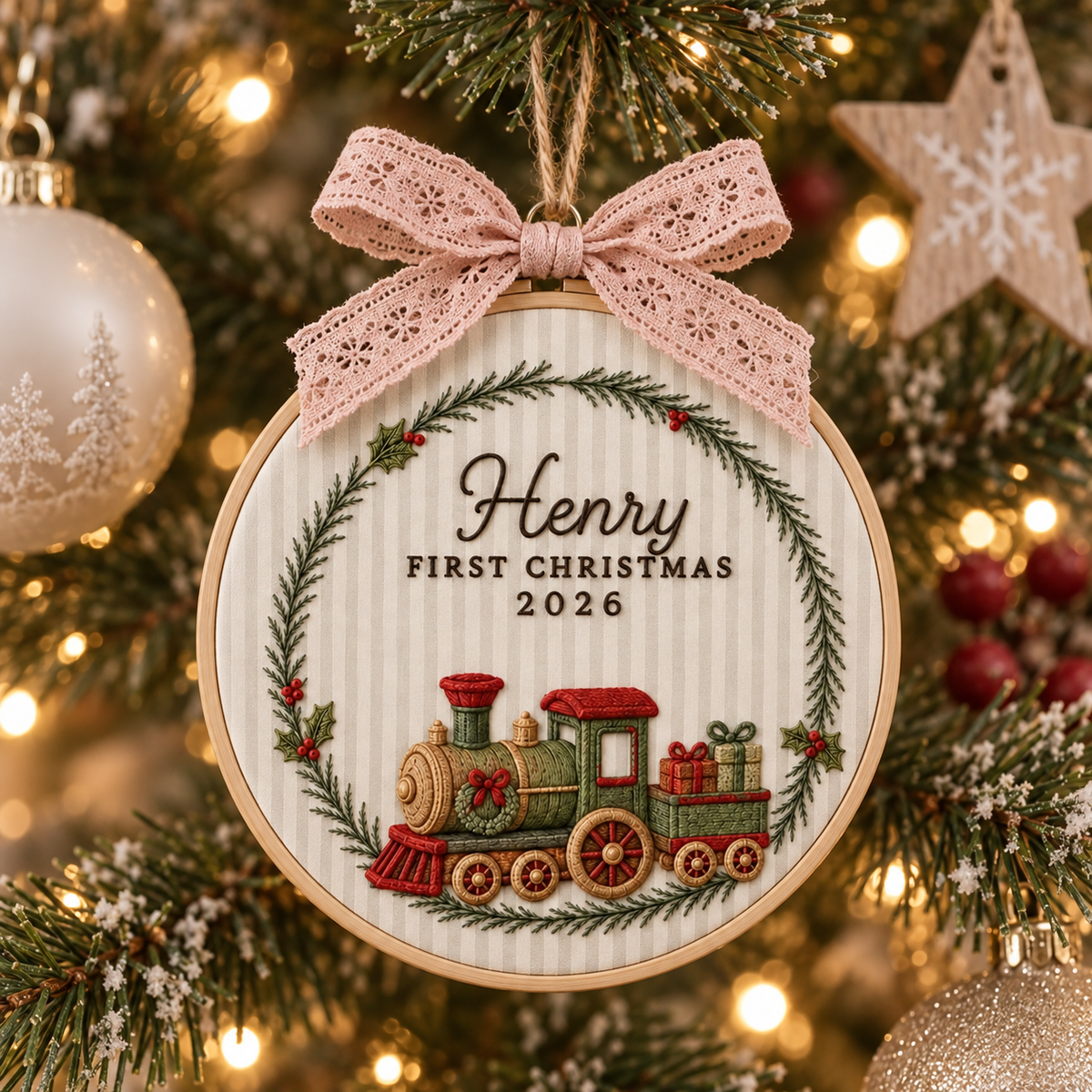 Personalized Train Wreath Ornament, Embroidered Train Baby First Christmas Name Hoop, Baby 1st Christmas Ornament, Baby Shower Gift