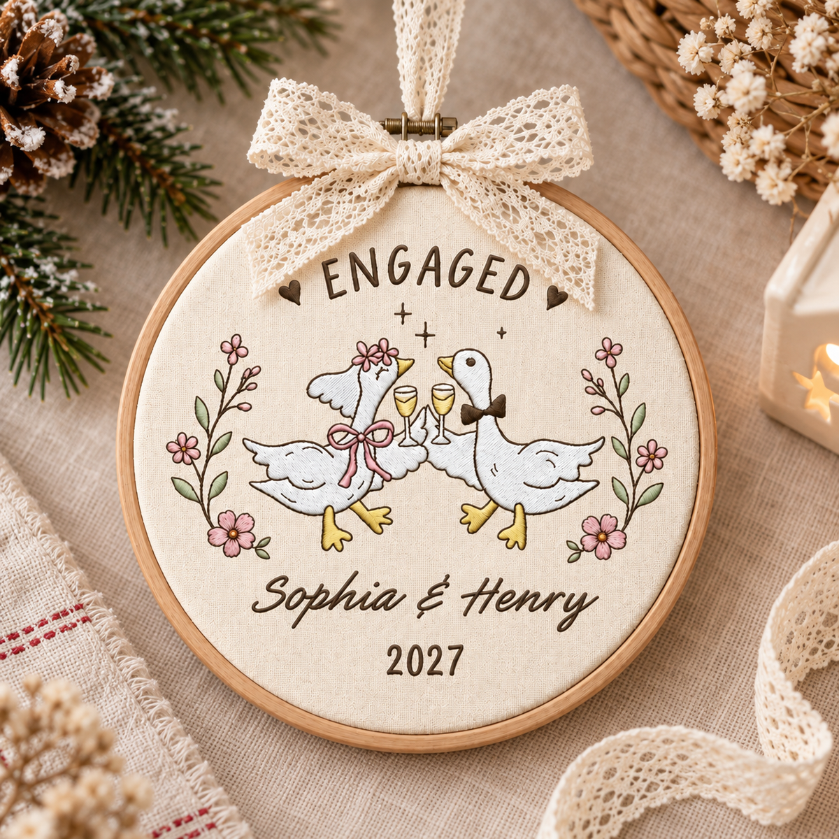 Personalized Embroidered Wedding Goose Ornament, Custom Names Year, First Christmas Hoop, Funny Engagement Gift,Silly Geese Engaged Keepsake