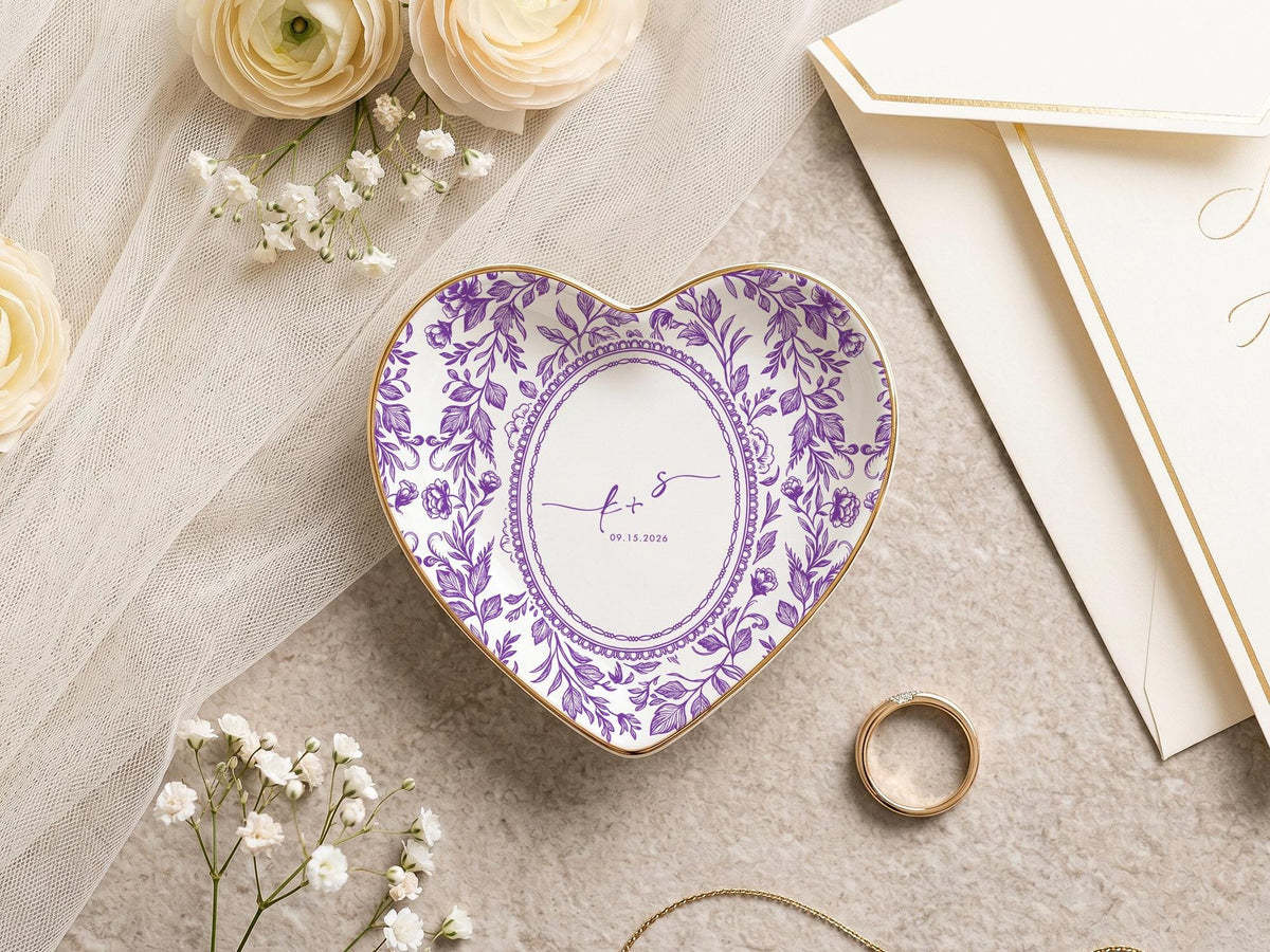 Personalized Toile Wedding Jewelry Dish, Custom Initials Ceramic Ring Dish
