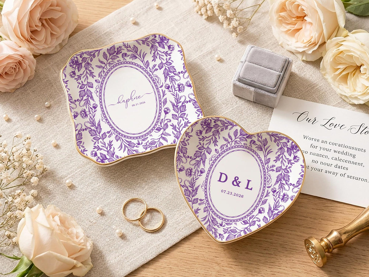 Personalized Toile Wedding Jewelry Dish, Custom Initials Ceramic Ring Dish