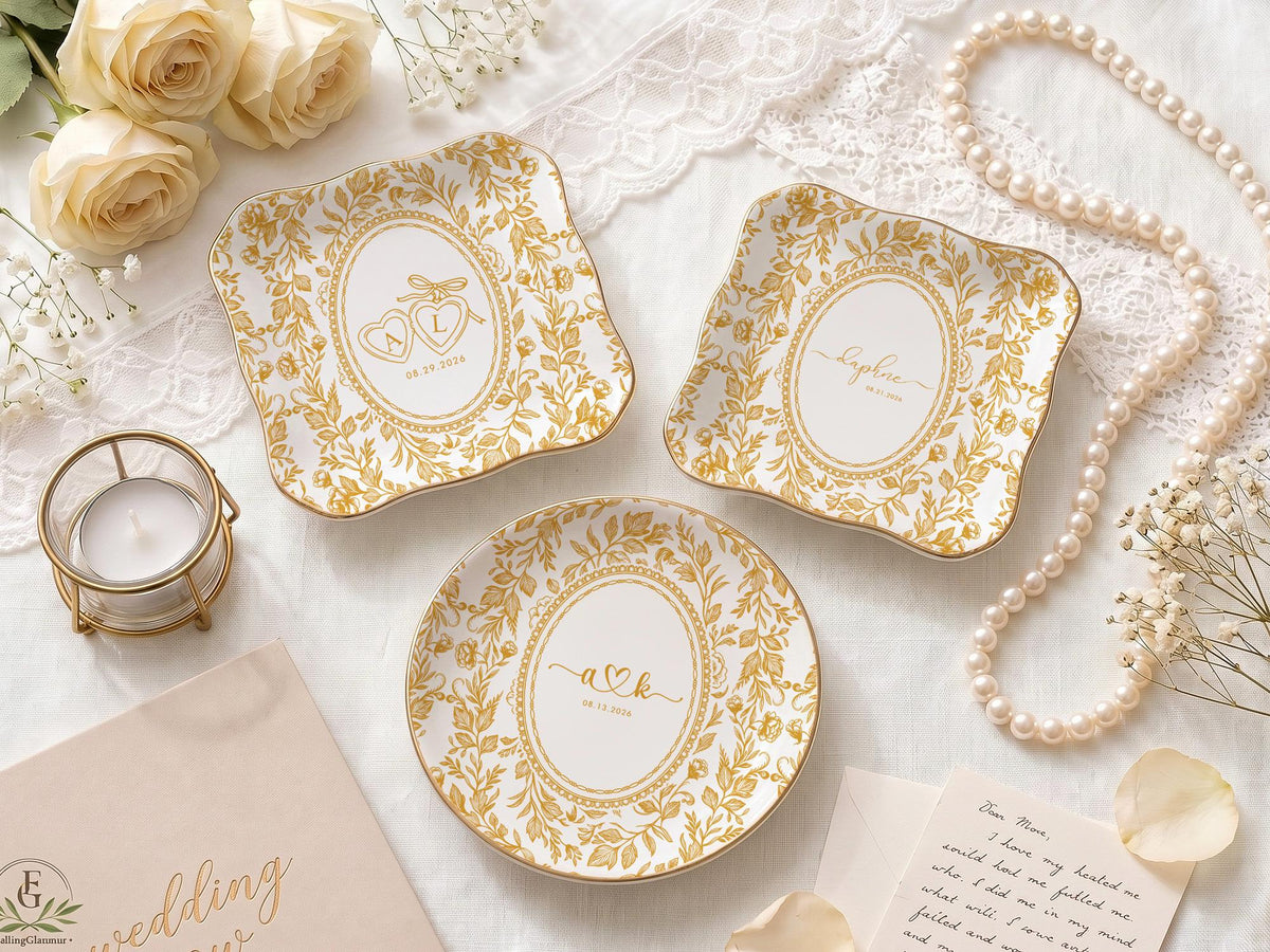 Personalized Toile Wedding Jewelry Dish, Custom Initials Ceramic Ring Dish