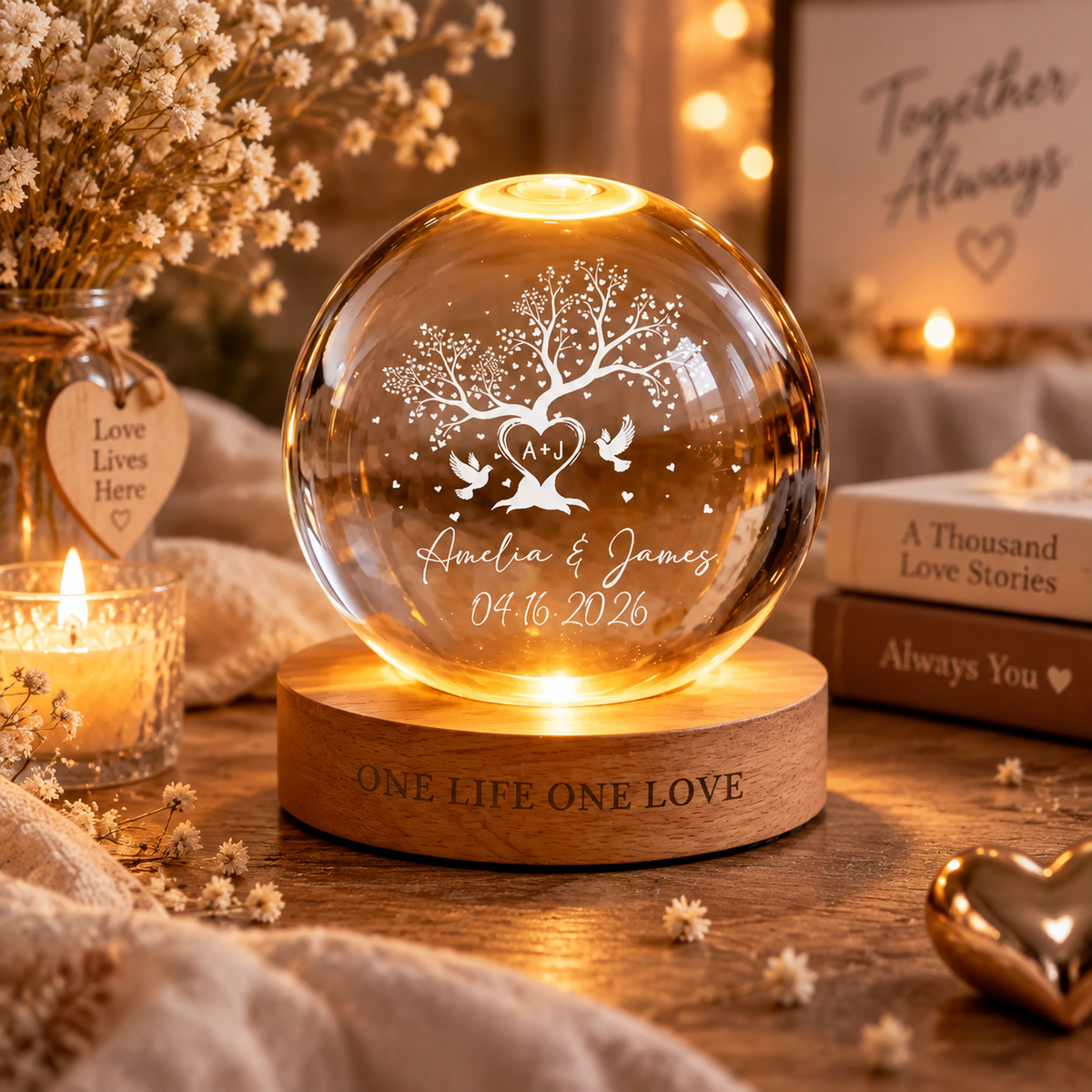 Tree of Love Personalized Couples Crystal LED Ball Light,Custom Couple Night Lamp,Wedding Anniversary Gift,Couple Gift,Gift For Mom,Dad