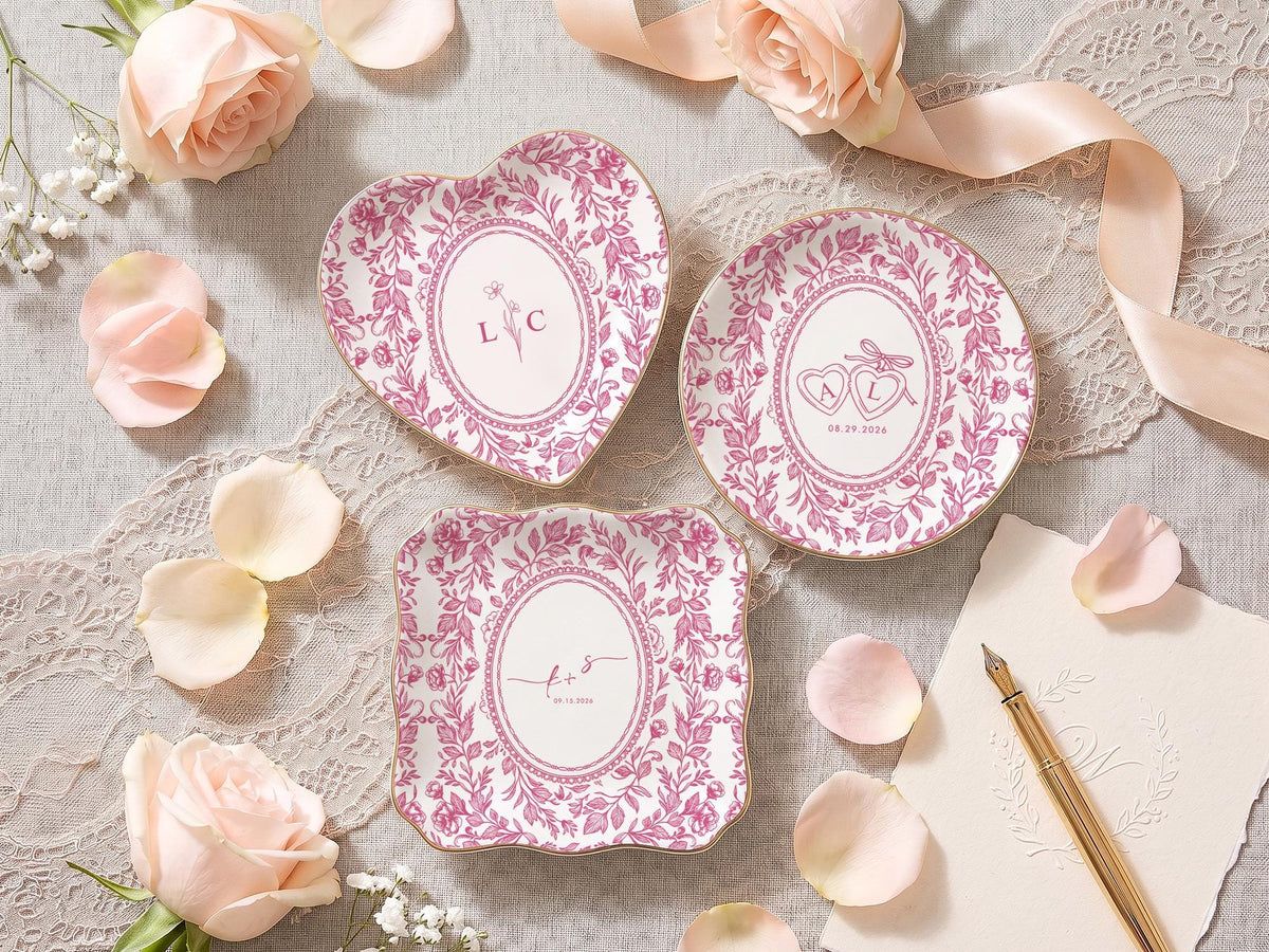 Personalized Toile Wedding Jewelry Dish, Custom Initials Ceramic Ring Dish
