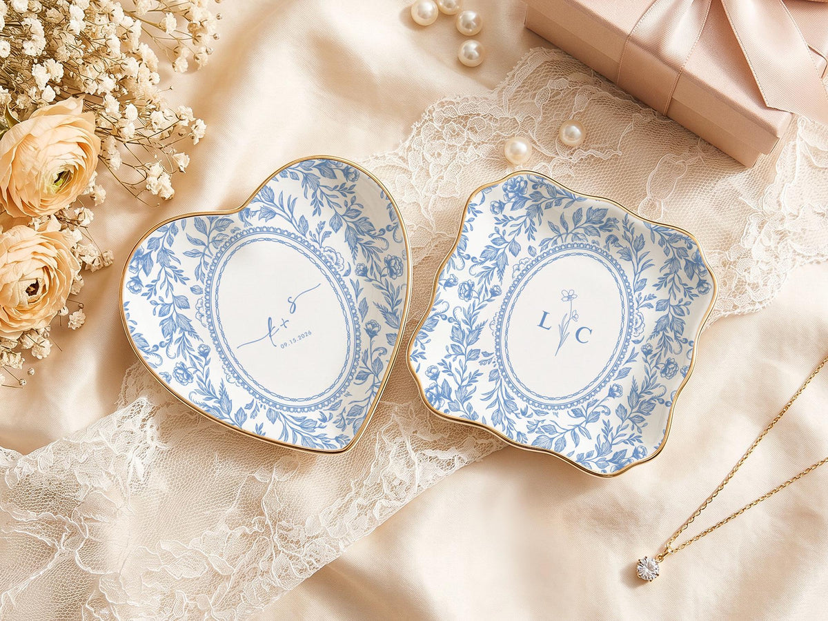 Personalized Toile Wedding Jewelry Dish, Custom Initials Ceramic Ring Dish