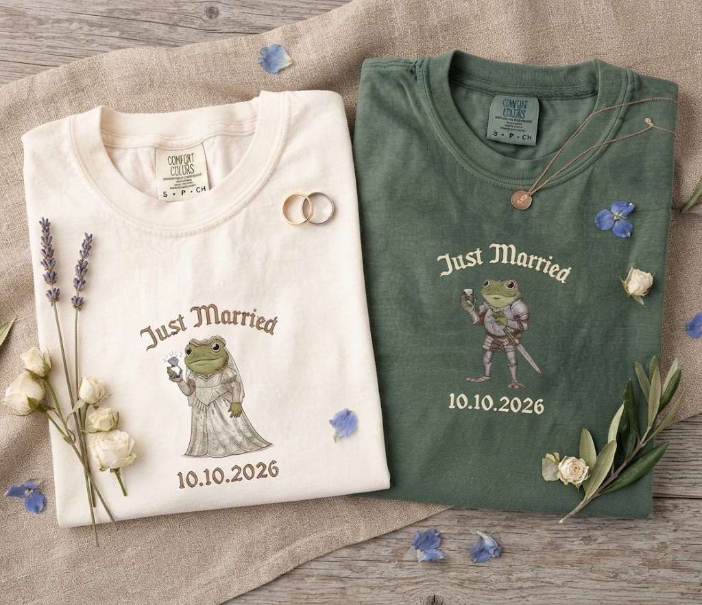Personalized Just Married Frog Shirts, Matching Bride & Groom Tees, Newlywed Wedding Couple Gift