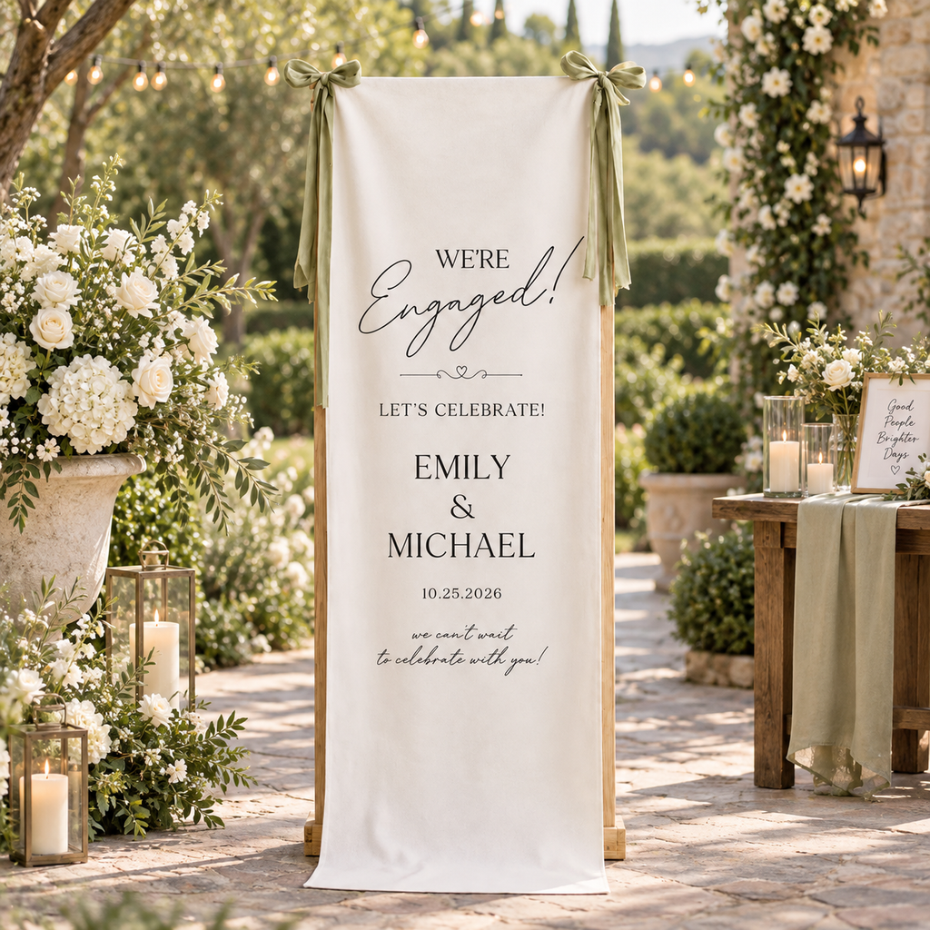 Personalized Linen Engagement Welcome Sign, Custom Couple Names & Date Engagement Party Banner, We’re Engaged Celebration Decor