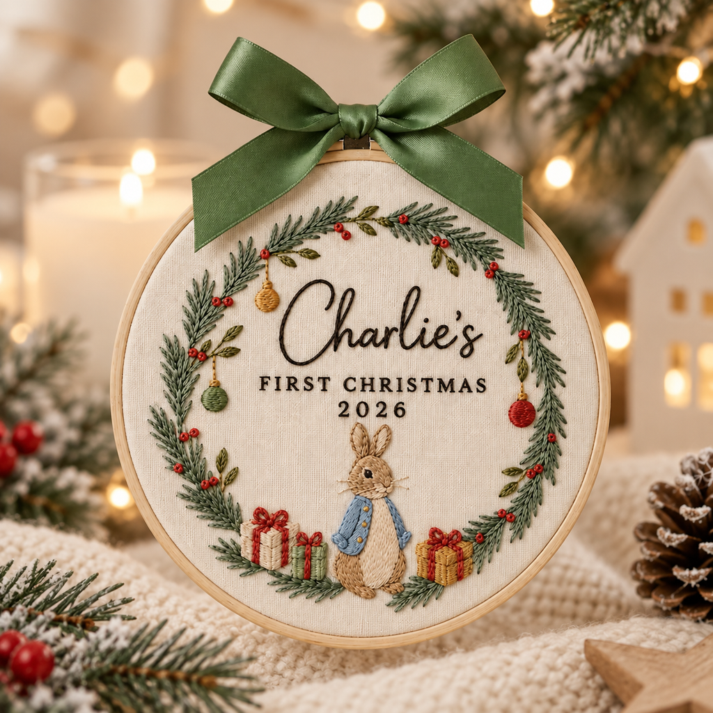 Personalized Bunny Wreath Christmas Ornament, Embroidered Baby First Christmas Name Hoop, Baby 1st Christmas Ornament, Baby Shower Gift