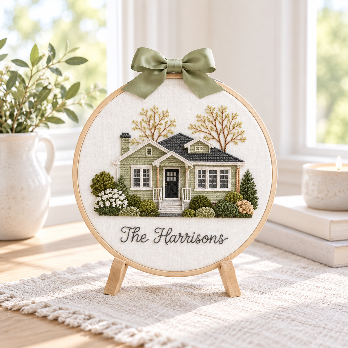 Personalized Family Home Embroidery Hoop, Custom House Portrait Wall Art, Cottage Floral Decor, Housewarming Gift with Pink Bow