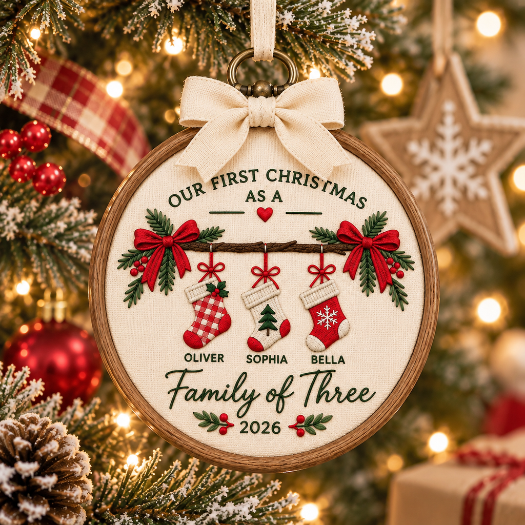 Personalized Embroidered Family of Three Christmas Ornament, Custom New Family Ornament, Baby's First Christmas Gift, Family Bauble Keepsake