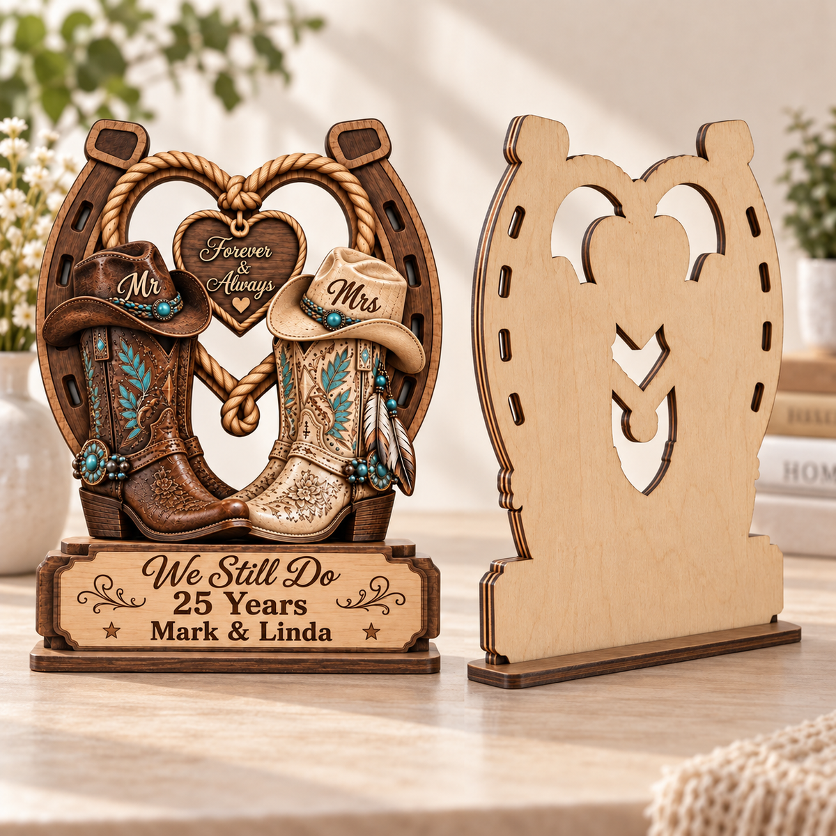 Personalized Western Cowboy Boots & Horseshoe Wooden Plaque, Forever & Always Anniversary Gift for Couples