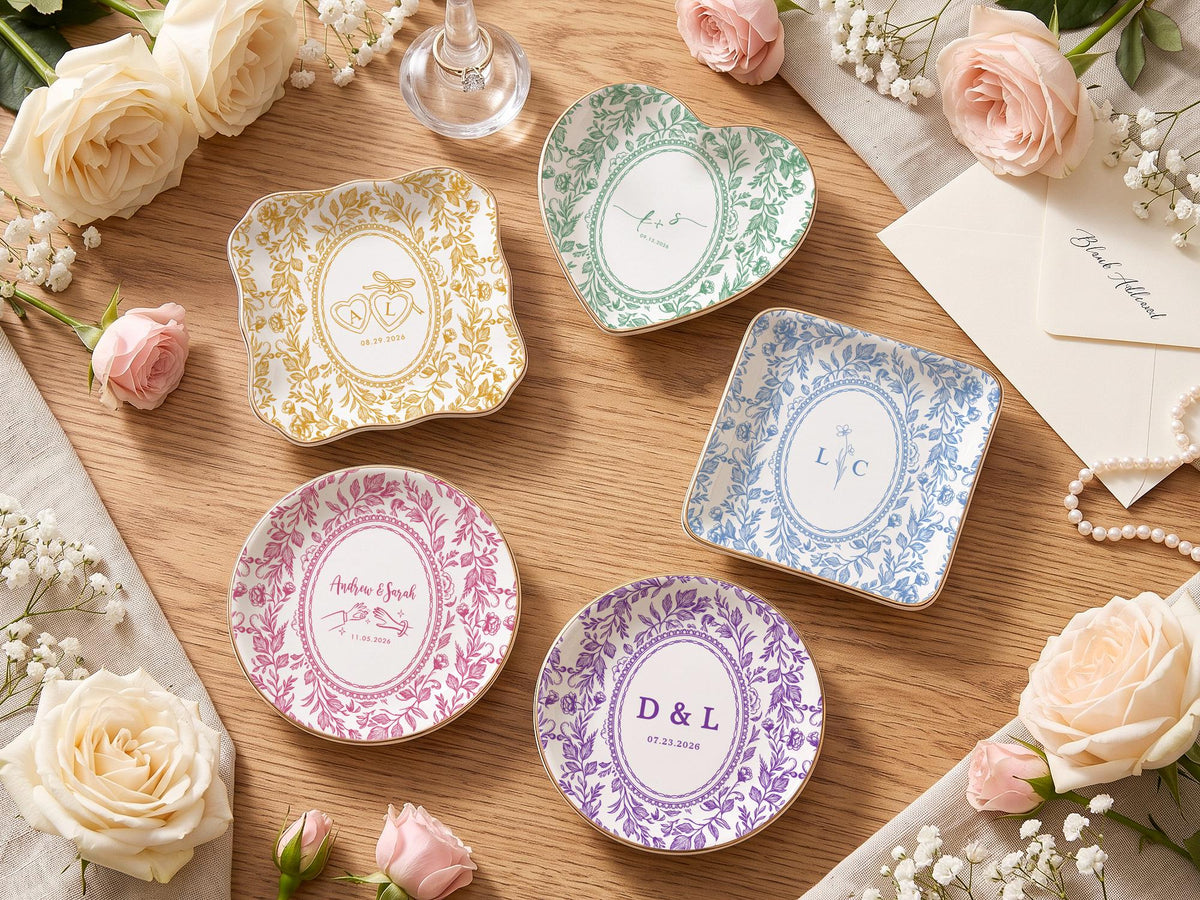 Personalized Toile Wedding Jewelry Dish, Custom Initials Ceramic Ring Dish