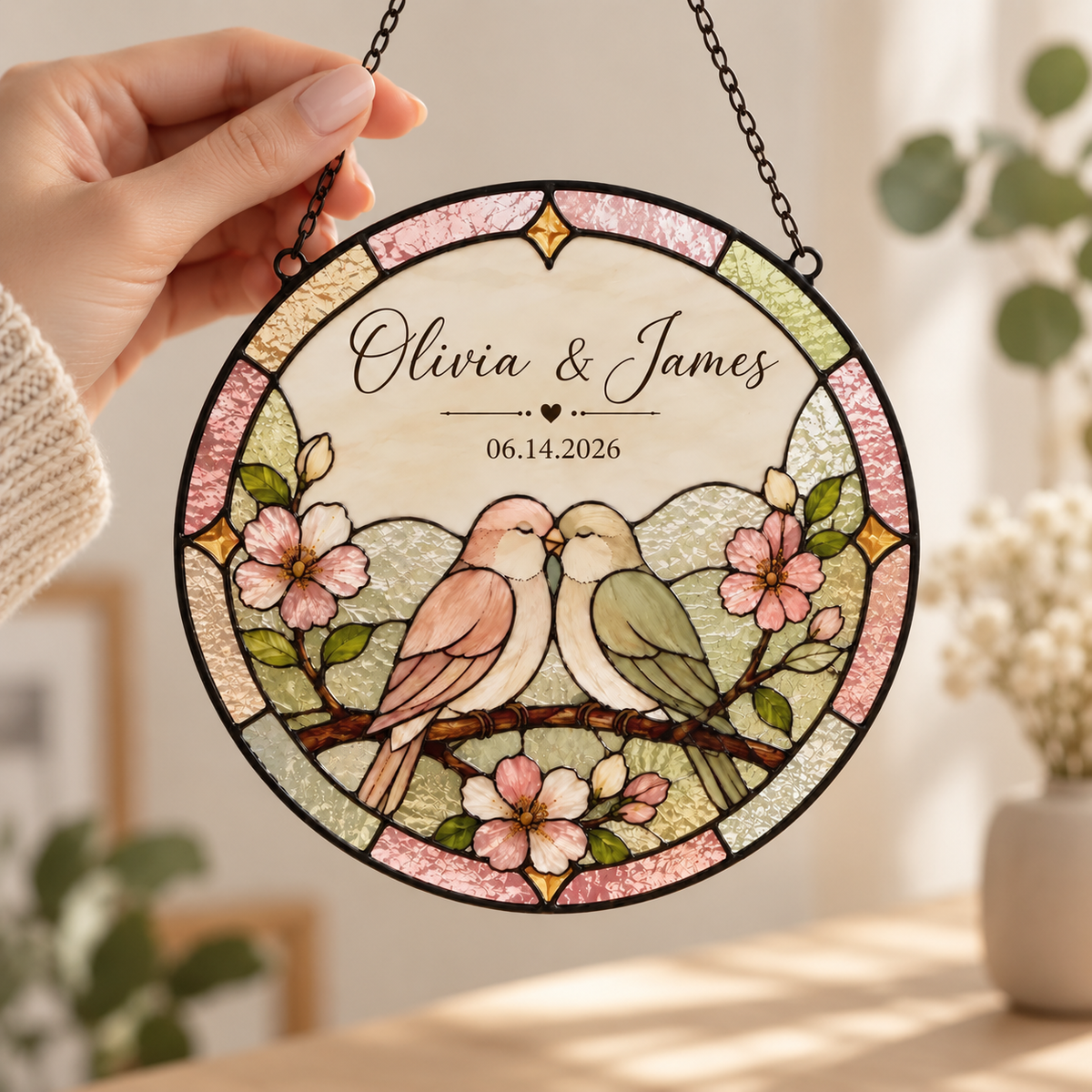 Personalized Love Birds Glass Suncatcher, Custom Wedding Anniversary Gift