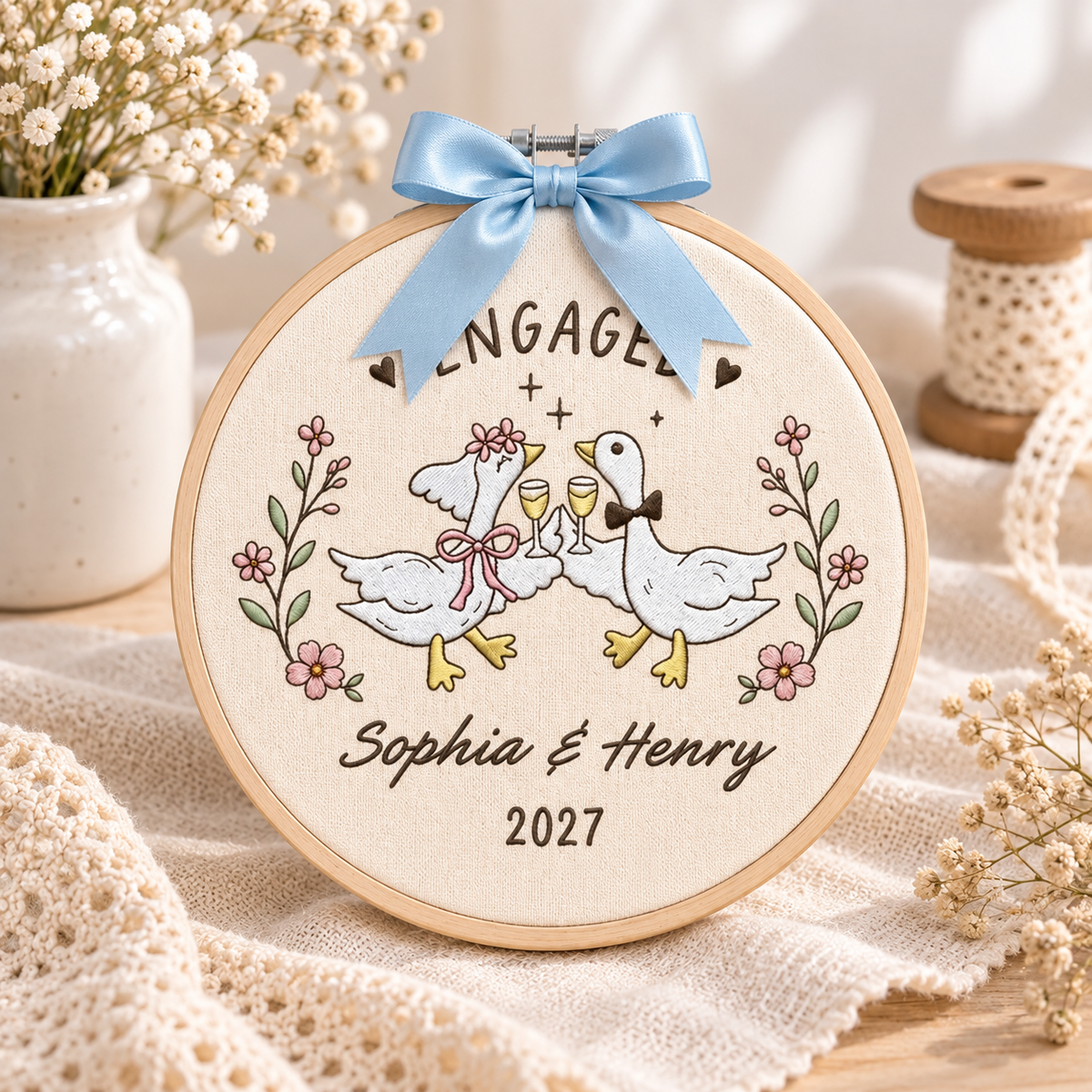 Personalized Embroidered Wedding Goose Ornament, Custom Names Year, First Christmas Hoop, Funny Engagement Gift,Silly Geese Engaged Keepsake