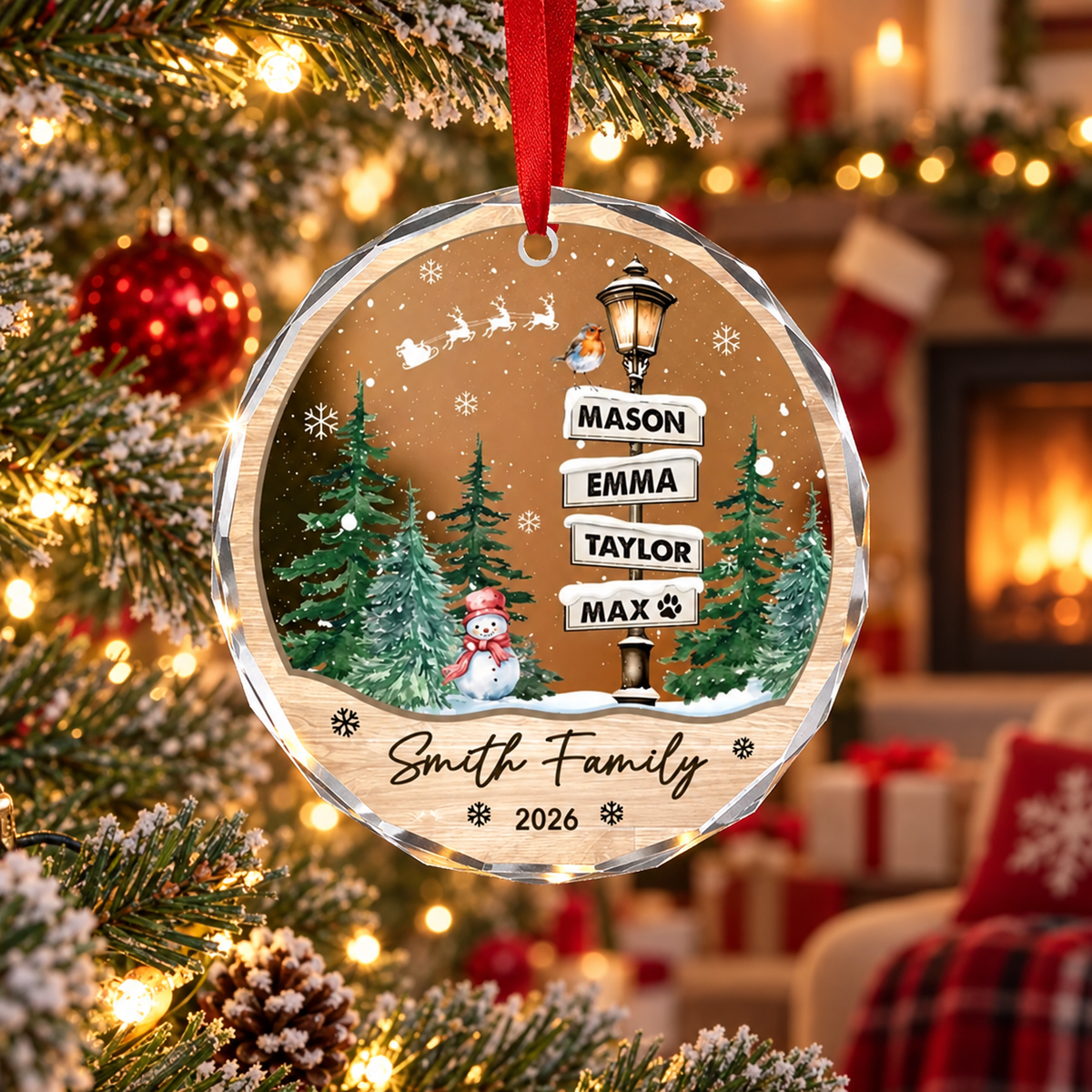 Personalized Family Christmas Ornament, Custom Name List Family Name & Year Holiday Keepsake, Christmas Tree Gift for Family & Pets