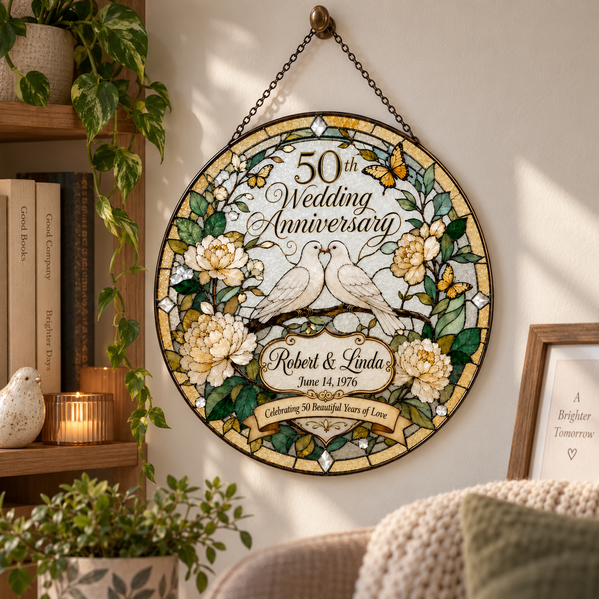 Personalized 50th Wedding Anniversary Suncatcher, Golden Anniversary Gift for Couple,Custom Stained Glass Style Window Hanging,Dove Keepsake