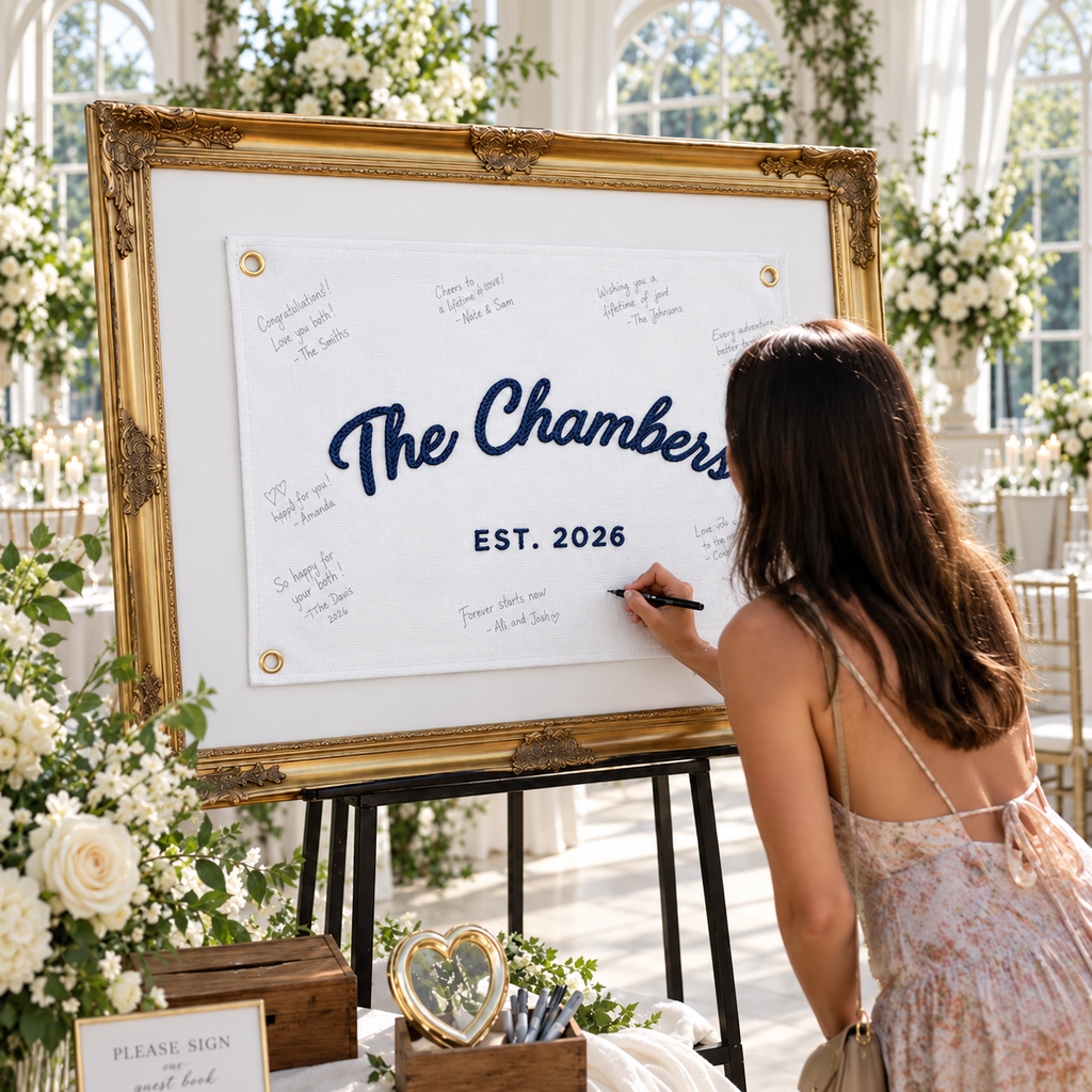 Custom Wedding Guest Book Alternative, Embroidered Last Name Pennant Flag, Keepsake Wedding Sign, Personalized Wall Art, Chain Stitch Banner