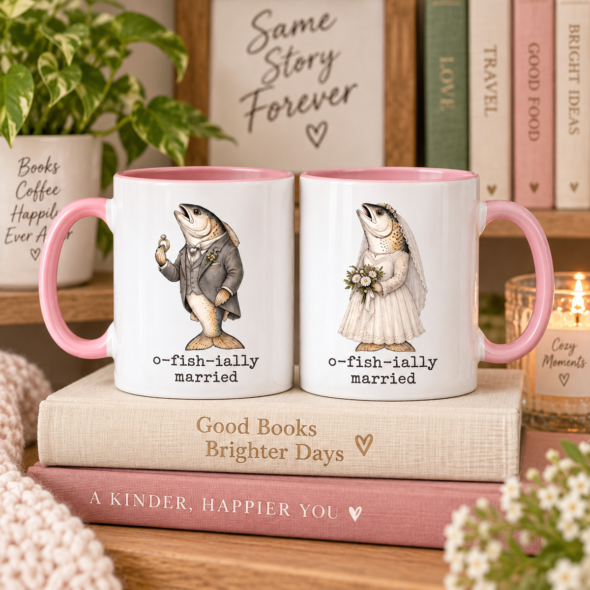 Funny Just Married Fish Mug, Newlywed Matching Couple Mug, Wedding Gift for Bride and Groom, Funny Honeymoon Couple Gift