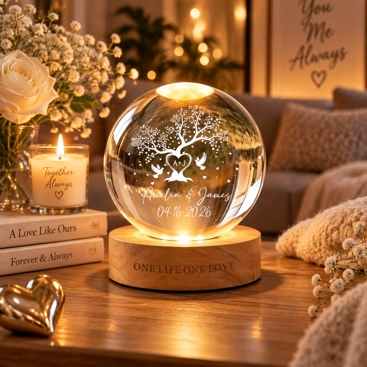 Tree of Love Personalized Couples Crystal LED Ball Light,Custom Couple Night Lamp,Wedding Anniversary Gift,Couple Gift,Gift For Mom,Dad