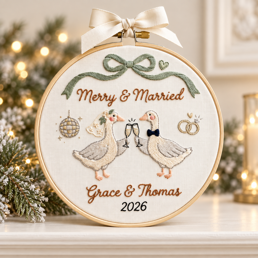 Personalized Merry & Married Goose Christmas Ornament, Custom Wedding Couple Embroidery Hoop