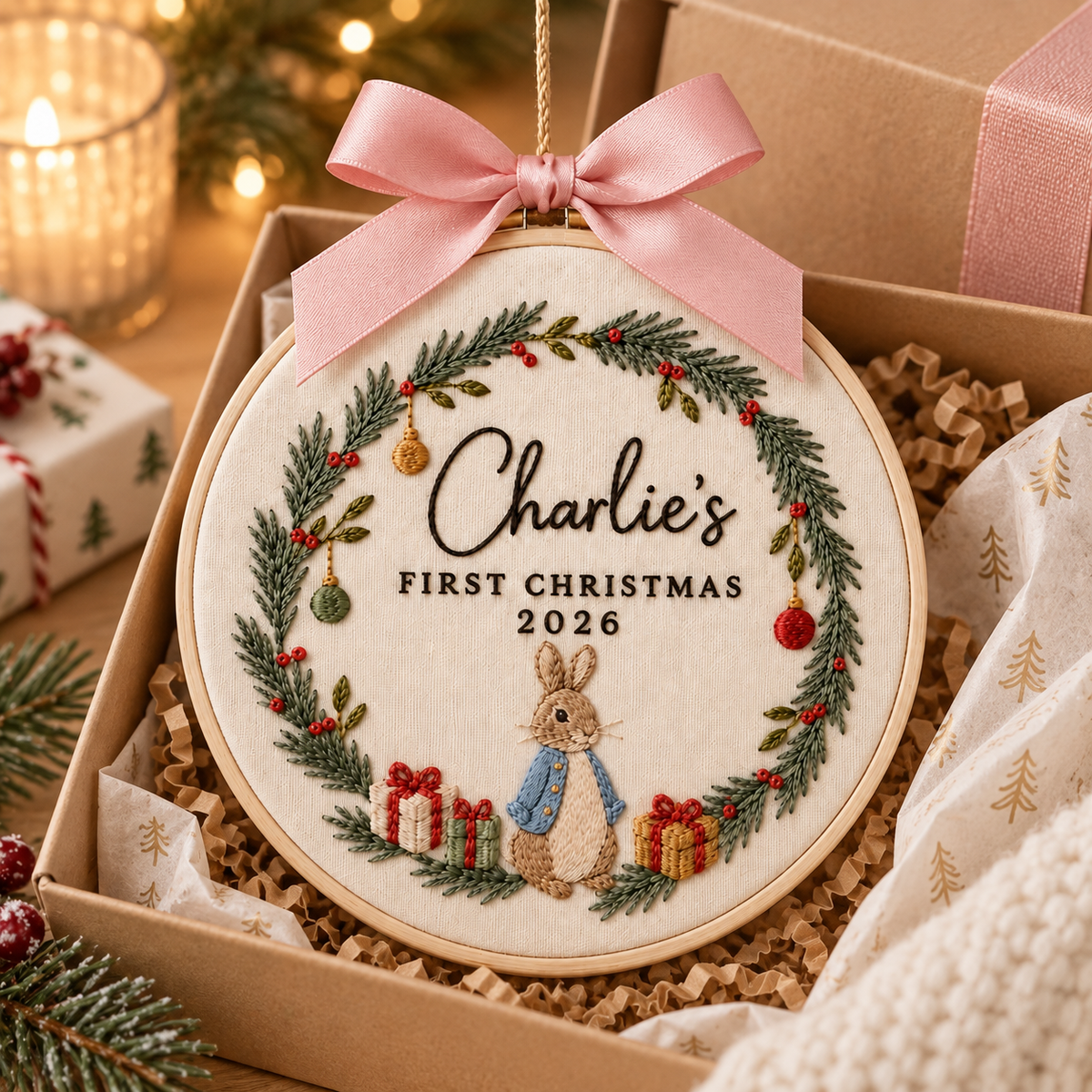 Personalized Bunny Wreath Christmas Ornament, Embroidered Baby First Christmas Name Hoop, Baby 1st Christmas Ornament, Baby Shower Gift