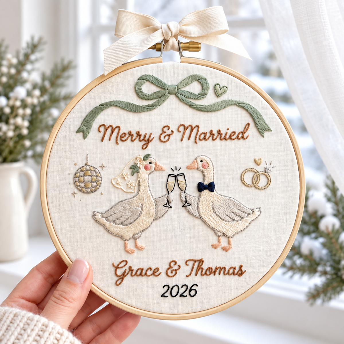 Personalized Merry & Married Goose Christmas Ornament, Custom Wedding Couple Embroidery Hoop