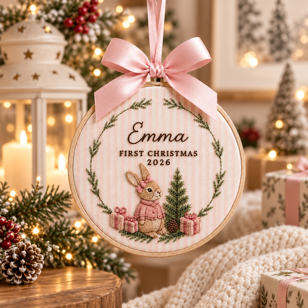 Personalized Bunny Wreath Ornament, Embroidered Bunny Baby First Christmas Name Hoop, Baby 1st Christmas Ornament, Baby Shower Gift