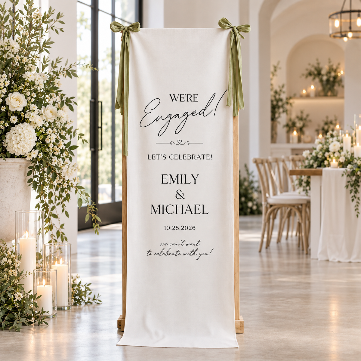 Personalized Linen Engagement Welcome Sign, Custom Couple Names & Date Engagement Party Banner, We’re Engaged Celebration Decor