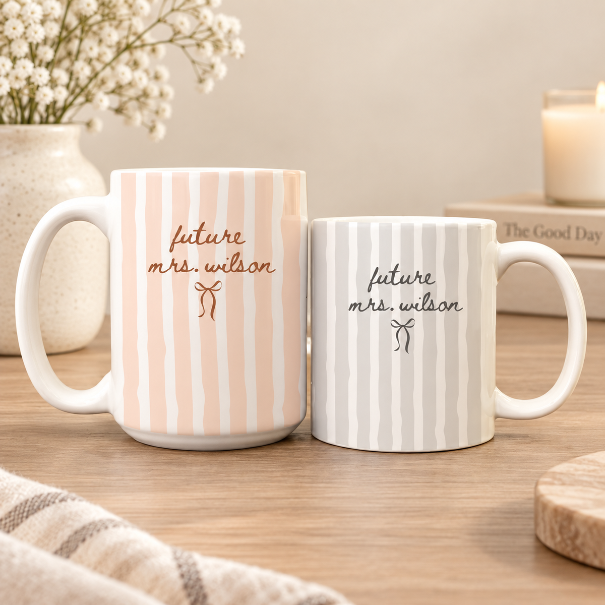 Personalized Striped Future Mrs Mug & Ornament – Custom Coffee Mug, Accent Mug, Bride-to-Be Engagement & Bridal Shower Gift