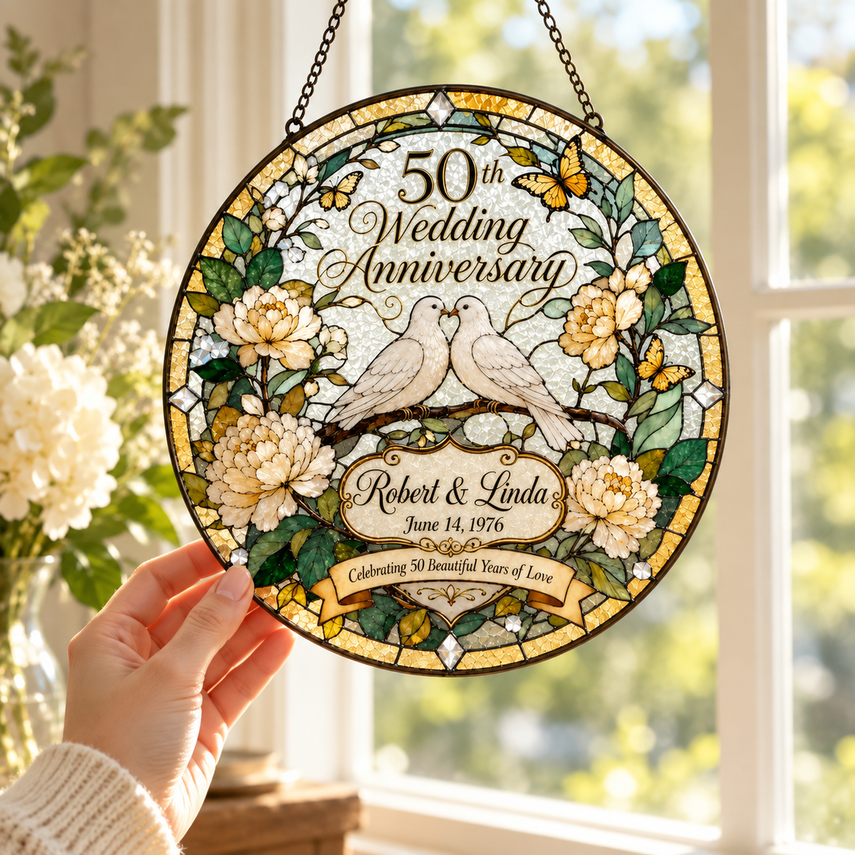 Personalized 50th Wedding Anniversary Suncatcher, Golden Anniversary Gift for Couple,Custom Stained Glass Style Window Hanging,Dove Keepsake