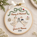 Embroidered Wedding Goose Ornament, Personalized First Christmas Hoop, Custom Names Year
