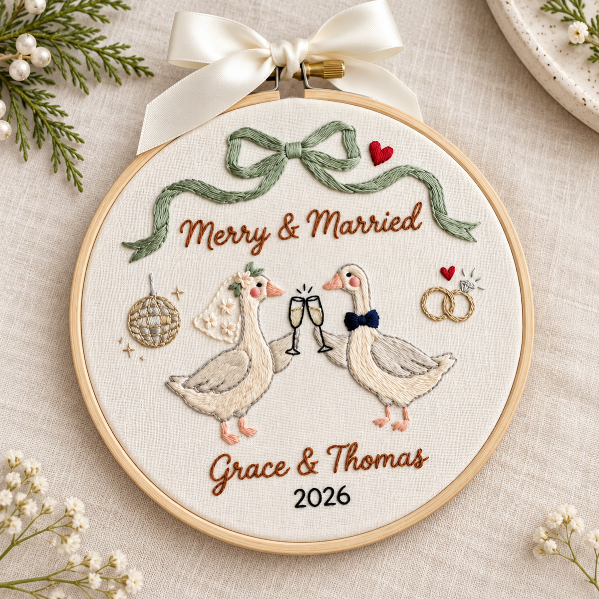Embroidered Wedding Goose Ornament, Personalized First Christmas Hoop, Custom Names Year