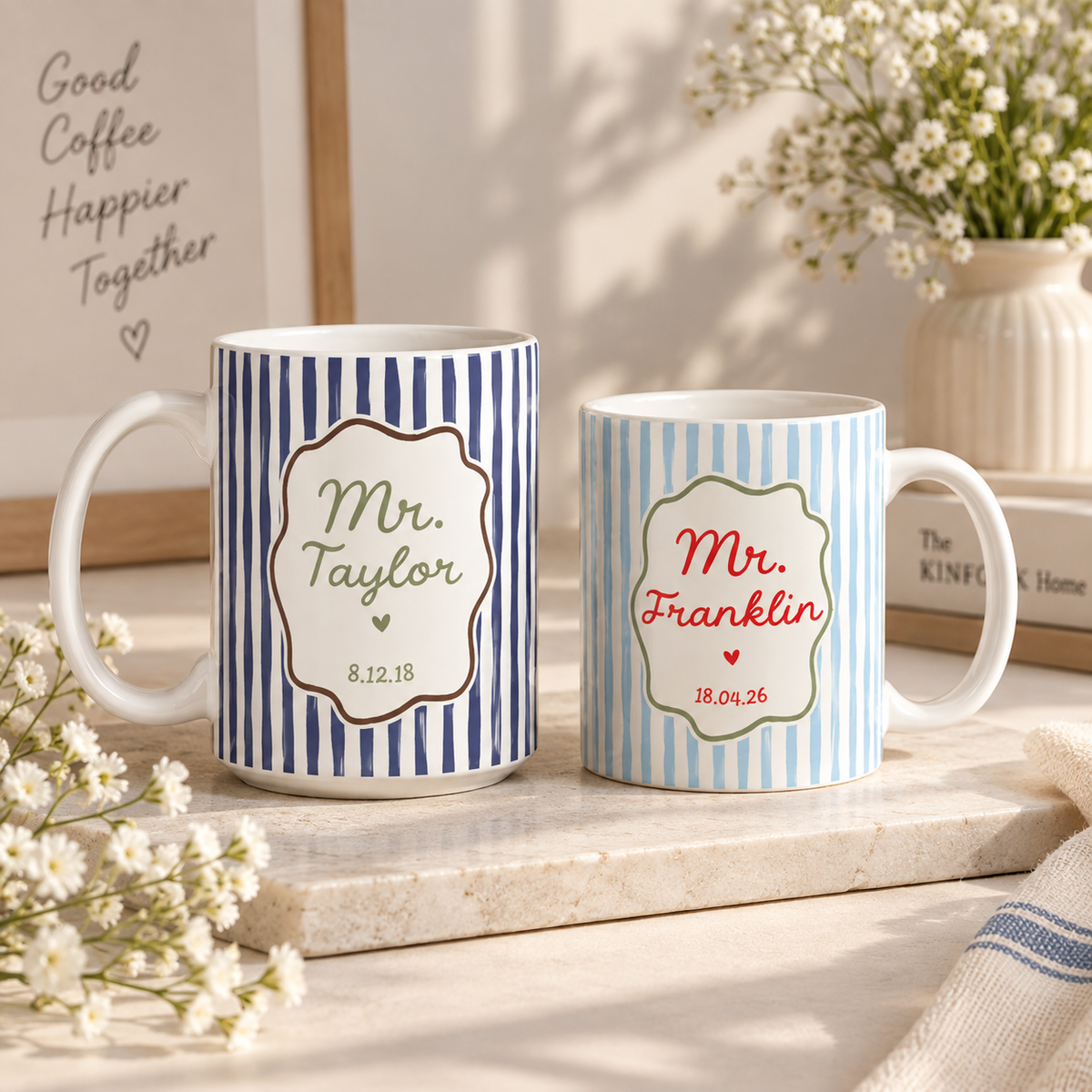 Personalized Mr Mrs Stripe Mug, Engagement Mug, Newly Engaged Gift, Bride Groom Mugs, Custom Wedding Mugs, Anniversary Gift, His Hers Mugs