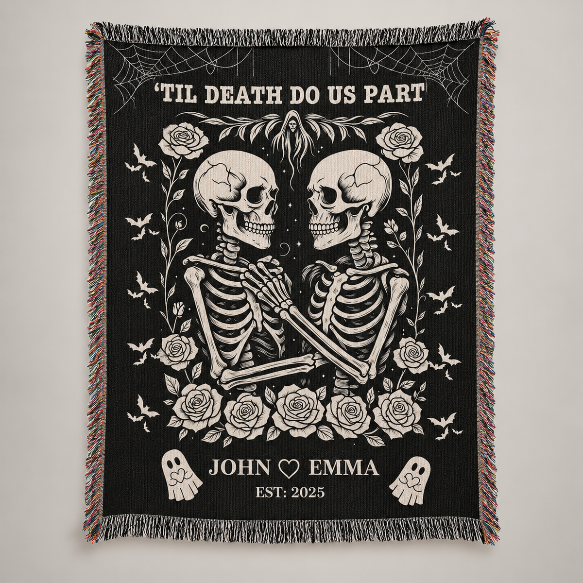 Skeleton Couple Till Death Blanket, Personalized Skeleton Lovers Wedding Blanket, Spooky Goth Couple Halloween Gift, Valentines, Anniversary