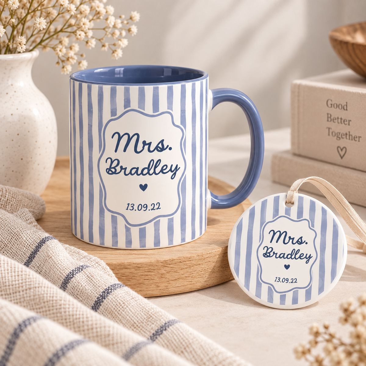 Personalized Mr Mrs Stripe Mug, Engagement Mug, Newly Engaged Gift, Bride Groom Mugs, Custom Wedding Mugs, Anniversary Gift, His Hers Mugs