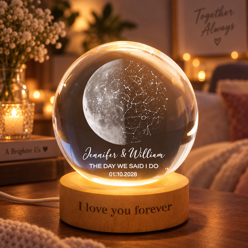Custom Moon Phase & Star Map by Date Lamp, Personalized Crystal Ball Night Light, Constellation Map, Wedding Anniversary Gift For Couple