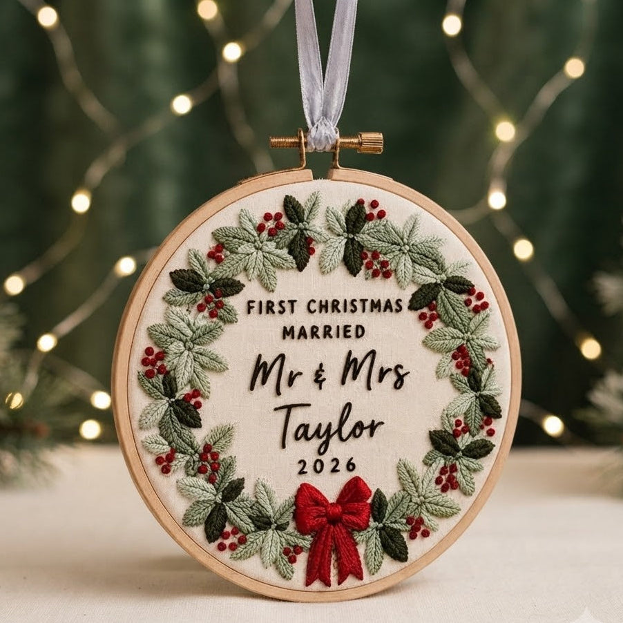 Personalized First Christmas Married Embroidery Hoop Ornament, Mr & Mrs Christmas Keepsake, Newlywed Wedding Gift