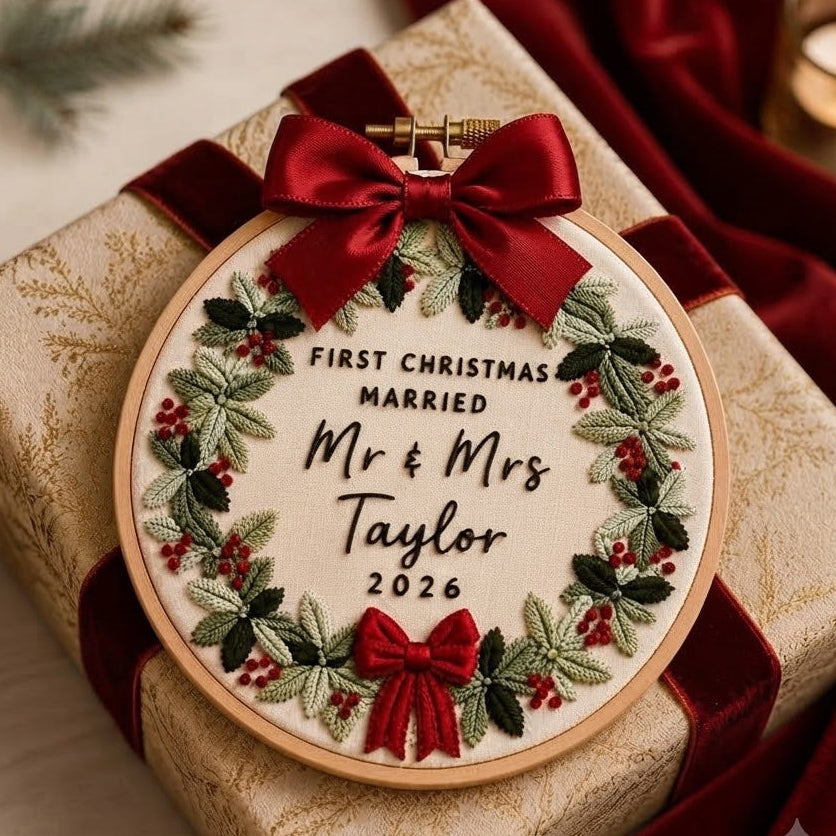 Personalized First Christmas Married Embroidery Hoop Ornament, Mr & Mrs Christmas Keepsake, Newlywed Wedding Gift
