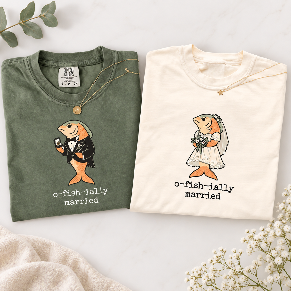 Comfort Colors O-Fish-Ially Married & O-Fish-Iant Shirts, Funny Fishing Wedding Tees for Bride, Groom and Officiant