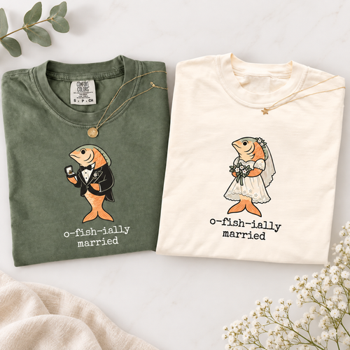 Comfort Colors O-Fish-Ially Married & O-Fish-Iant Shirts, Funny Fishing Wedding Tees for Bride, Groom and Officiant