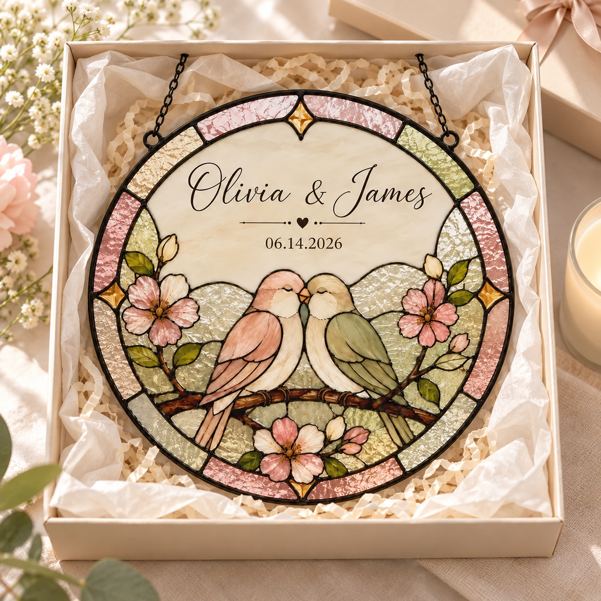 Personalized Love Birds Glass Suncatcher, Custom Wedding Anniversary Gift